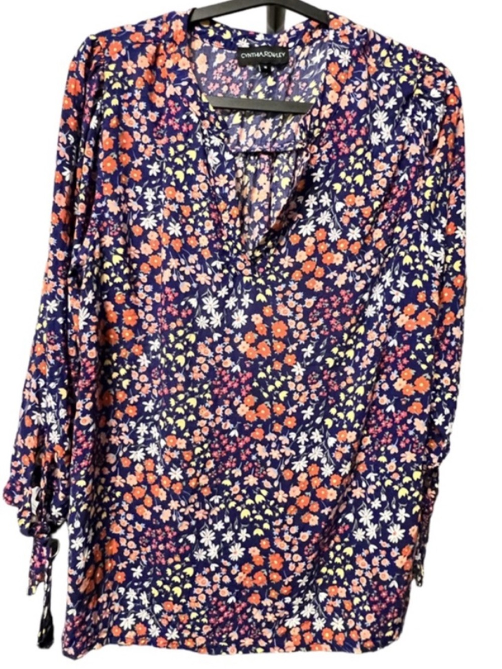Cynthia Rowley Navy Orange Floral V-Neck Blouse Size M